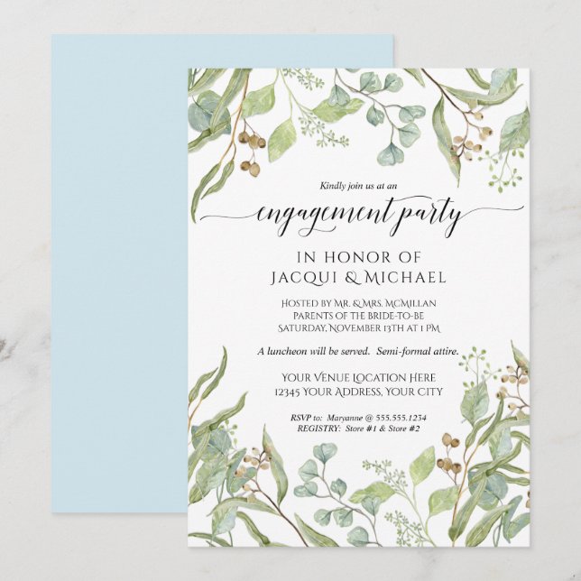 Engagement Party Watercolor Eucalyptus Leaves Blue Invitation (Front/Back)