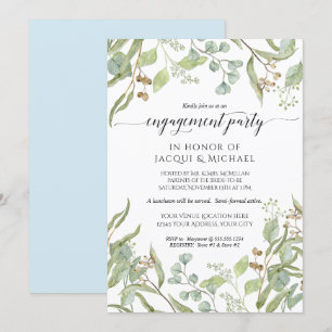 Engagement Party Watercolor Eucalyptus Leaves Blue Invitation