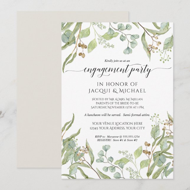 Engagement Party Watercolor Seeded Eucalyptus Leaf Invitation (Front/Back)