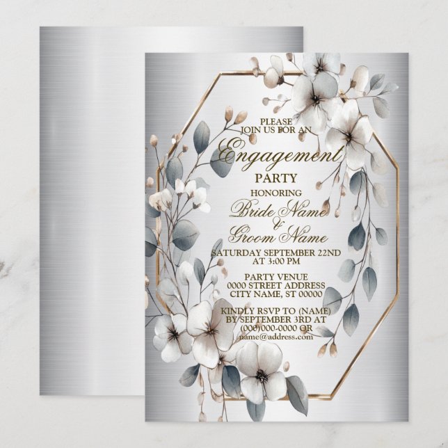 Engagement Party Watercolor White Flowers Silver Invitation (Front/Back)