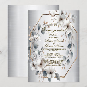 Engagement Party Watercolor White Flowers Silver Invitation