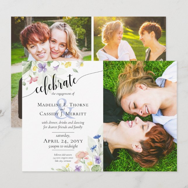 Engagement Party Watercolor Wildflowers 4-Photo Invitation (Front/Back)