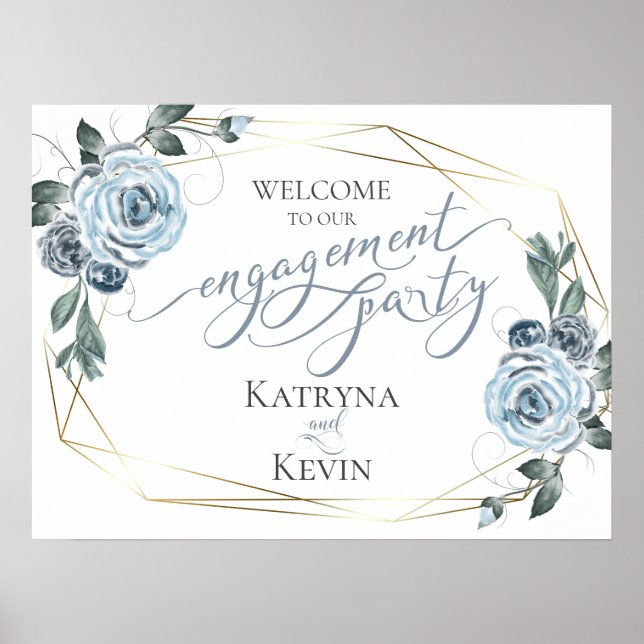 Engagement Party Welcome Dusty Blue Floral Poster (Front)