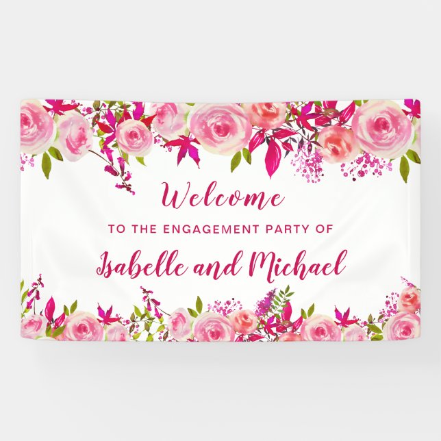 Engagement Party Welcome Pink Rose Berry Floral Banner (Horizontal)