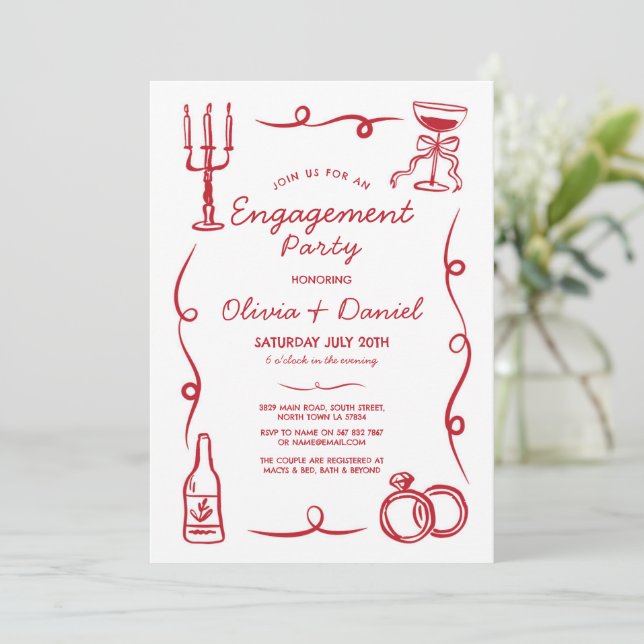 Engagement Party Whimsical Hand Drawn French Red Invitation (Standing Front)