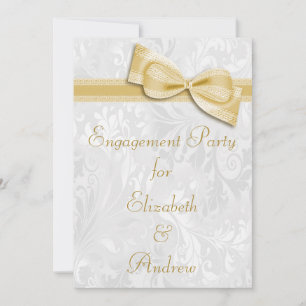 Engagement Party White Damask and  Faux Bow Invitation