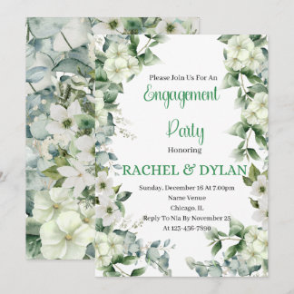 Engagement Party, White, Green, Flowers Floral Invitation
