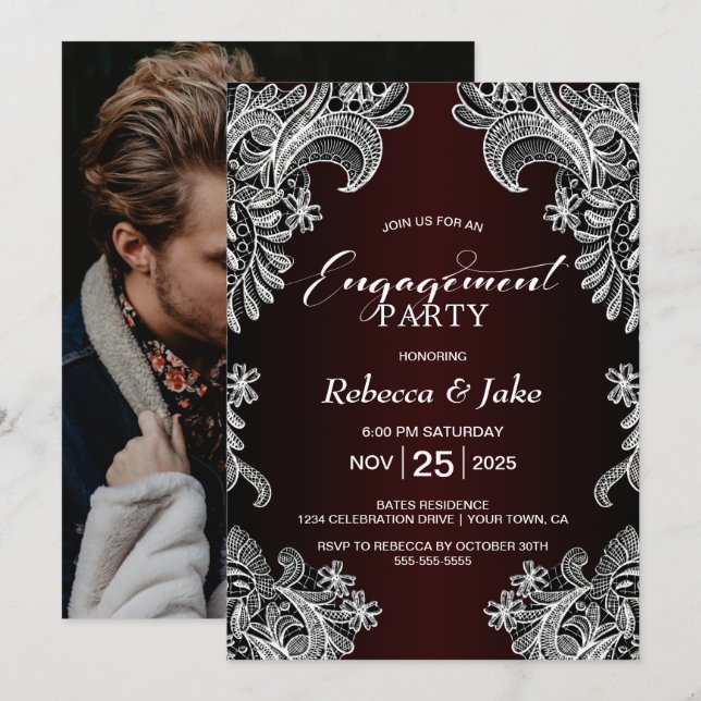 Engagement Party White Lace Burgundy Invitation (Front/Back)