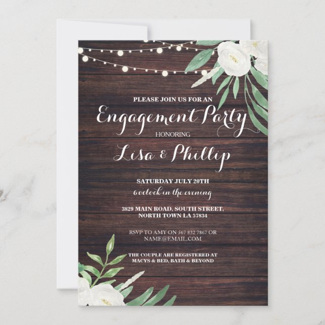 Engagement Party Wood White Flowers Shower Invite (Front)