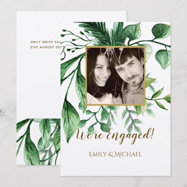 Engagement Photo Announcement Cards Modern Leaves (Front/Back)
