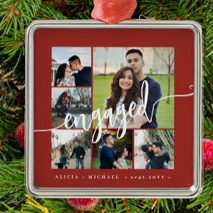 Engagement photo collage elegant script keepsake metal tree decoration