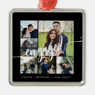 Engagement photo collage elegant script keepsake metal tree decoration
