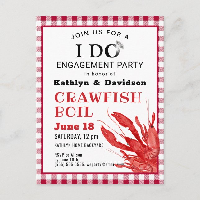 Engagement Photo Crawfish Boil Party Invitation Postcard (Front)