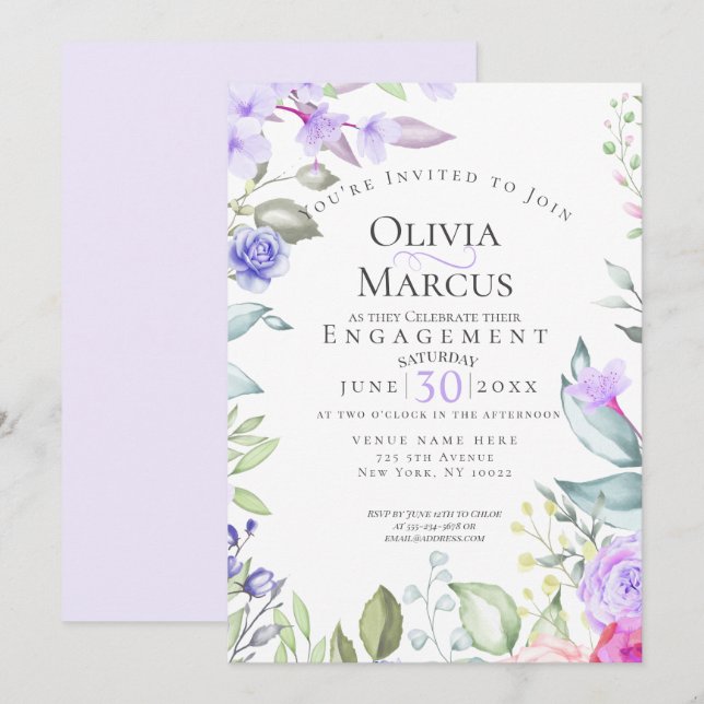 ENGAGEMENT | Pink And Lilac Floral Frame Invitation (Front/Back)
