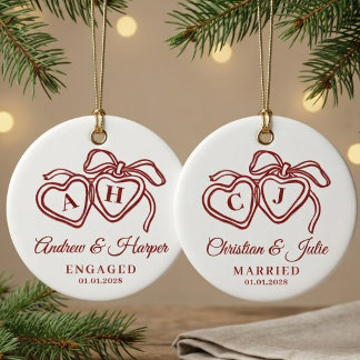 Engagement | Red Custom Monogram Wedding Newlyweds Ceramic Tree Decoration