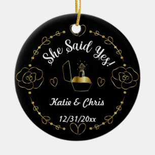 engagement ring Christmas, Personalised name, date Ceramic Tree Decoration