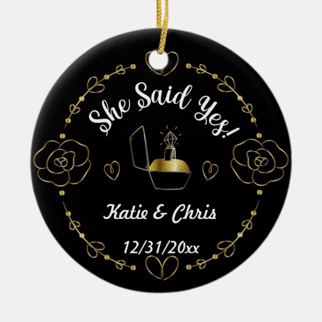 engagement ring Christmas, Personalised name, date Ceramic Tree Decoration (Front)