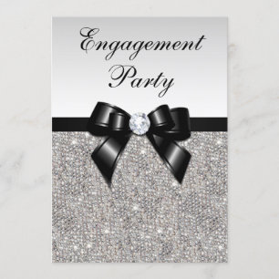 Engagement Silver Sequins Black Bow Invitation