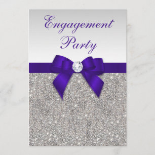 Engagement Silver Sequins Deep Royal Purple Bow Invitation