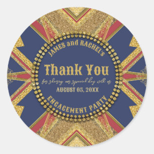 Engagement Thank You Red Blue Gold Modern Art Deco Classic Round Sticker