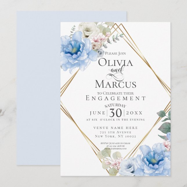ENGAGEMENT | Tropical Blue Watercolor Flowers Invitation (Front/Back)