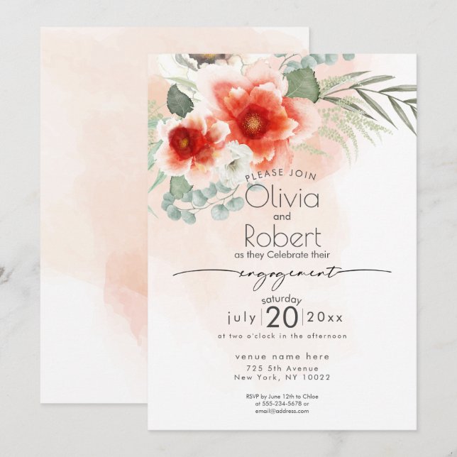 ENGAGEMENT | Watercolor Blossoms and Foliage Invitation (Front/Back)