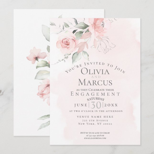 ENGAGEMENT | Watercolor Blush Pink Flowers Invitation (Front/Back)