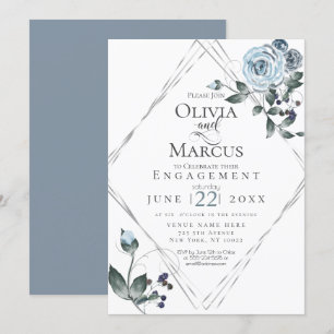 ENGAGEMENT   Watercolor Dusty Blue Floral Silver Invitation