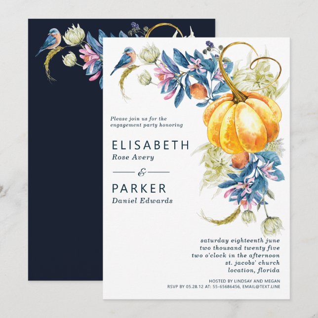 Engagement Watercolor Fall Pumpkin Invitation (Front/Back)
