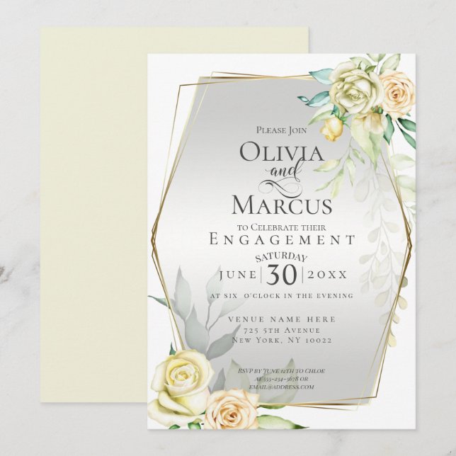 ENGAGEMENT | Watercolor Ivory Yellow Blush Roses Invitation (Front/Back)