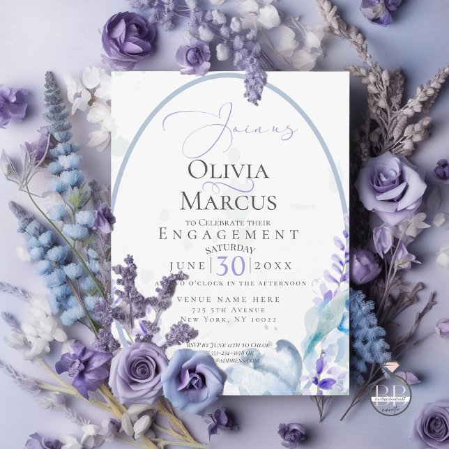 ENGAGEMENT | Watercolor Lavender - Dusty Blue Invitation (Announce your engagement with this delightful  lavender and blue wild flower invitation)