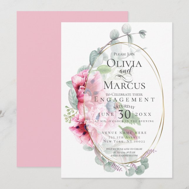 ENGAGEMENT | Watercolor Pink Poppies Eucalyptus Invitation (Front/Back)