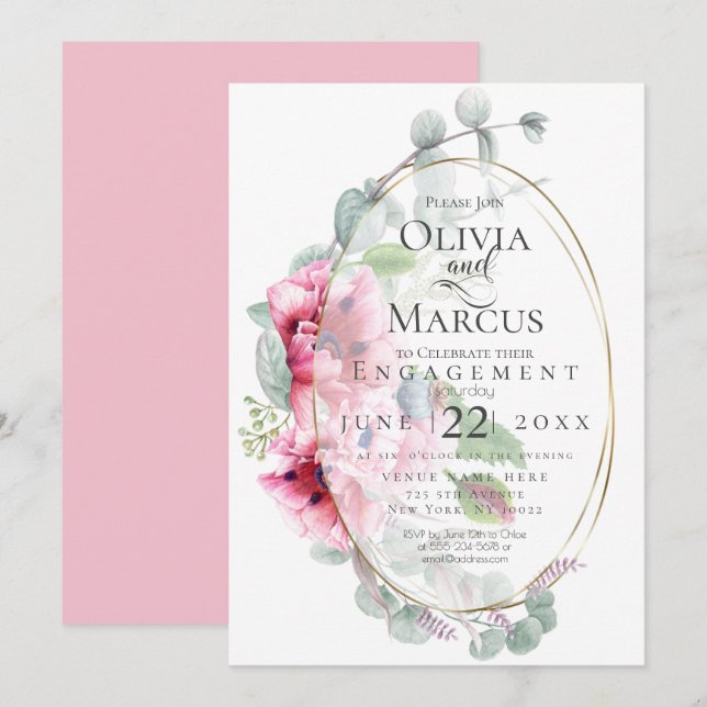 ENGAGEMENT | Watercolor Pink Poppies Eucalyptus Invitation (Front/Back)