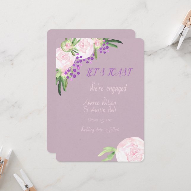 Engagement Watercolor Purple Floral Card (Front/Back In Situ)