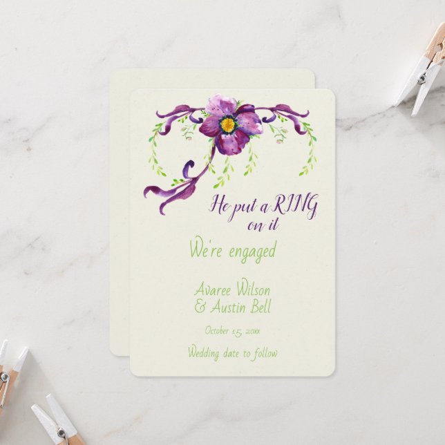 Engagement Watercolor Purple Floral Card (Front/Back In Situ)