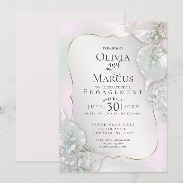 ENGAGEMENT | Wispy Pink Shimmery Leaves Invitation (Front/Back)