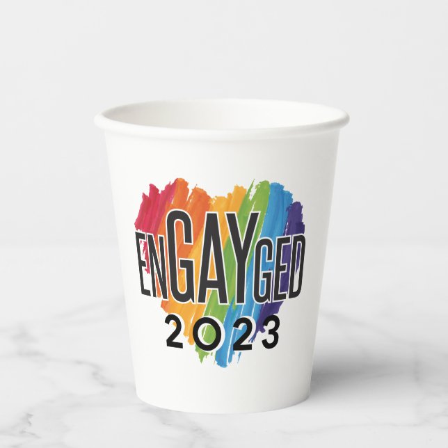 Engayged 2023 Gay Engagement Rainbow LGBTQ Pride Paper Cups (Front)