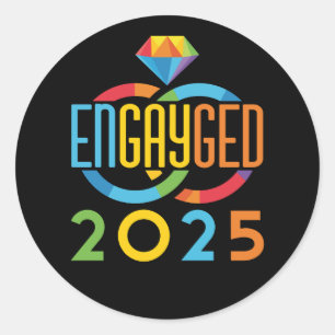 Engayged 2025 Gay Engagement LGBTQ Rainbow Classic Round Sticker