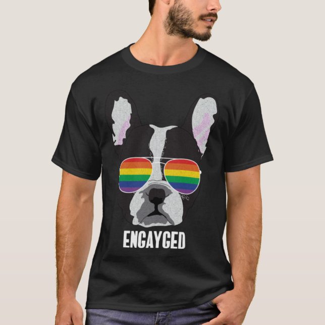 Engayged  Boston Terrier Dog Gay Pride T-Shirt (Front)