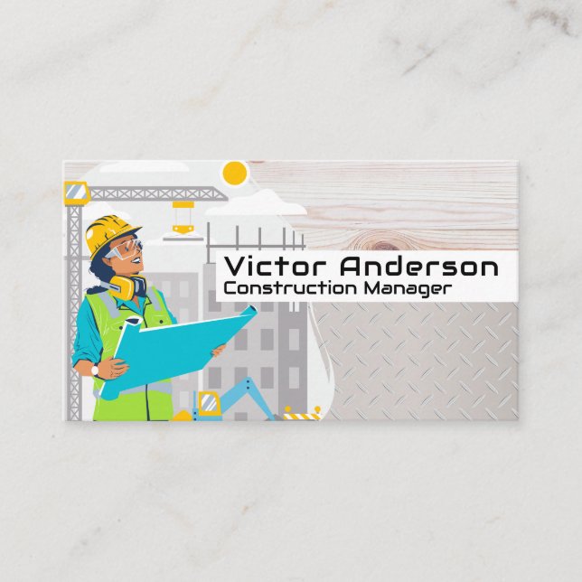 Engineer Looking at Blueprints | Construction Site Business Card (Front)