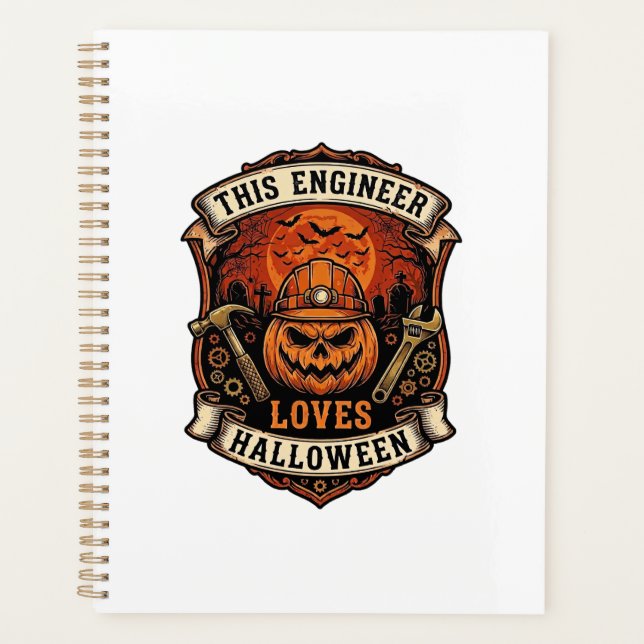 Engineer Loves Halloween Pumpkin Hard Hat Hammer W Planner (Front)