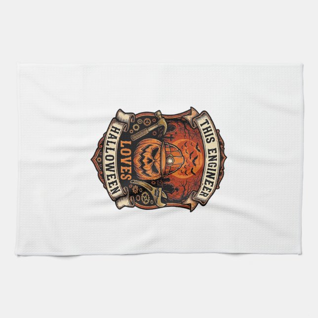 Engineer Loves Halloween Pumpkin Hard Hat Hammer W Tea Towel (Horizontal)