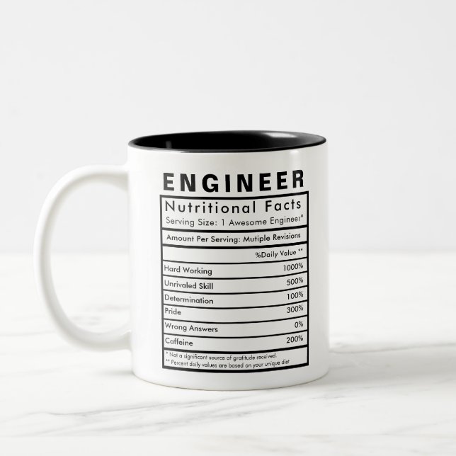 Engineer Nutritional Facts Statistics Funny Two-Tone Coffee Mug (Left)