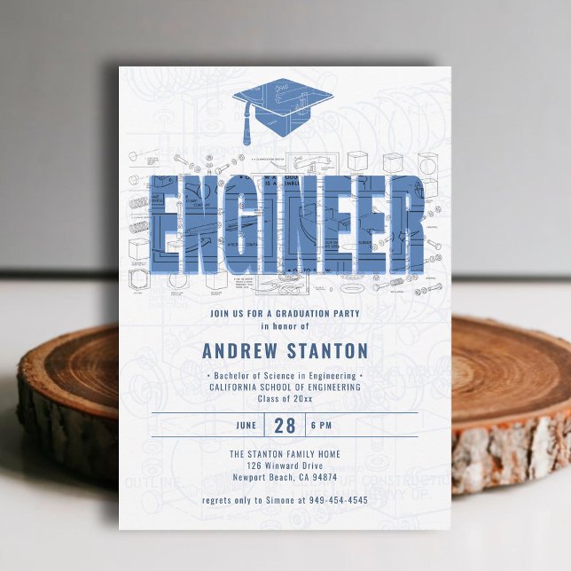 Engineering Graduation Engineer Cap White Party Invitation (engineering engineer graduation ceremony party invitation white blue grad cap modern minimalist)