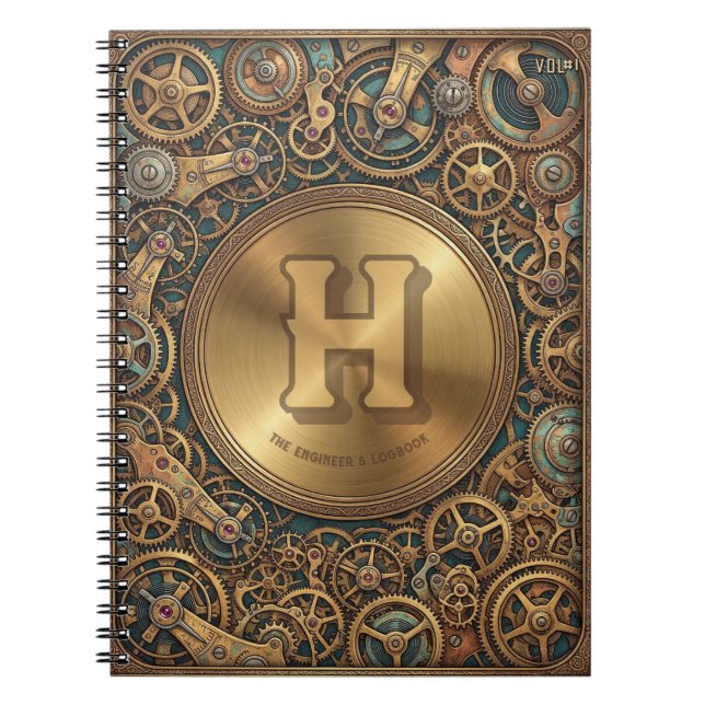 Engineer's Log Steampunk Clockwork Gears Monogram  Notebook (Front)