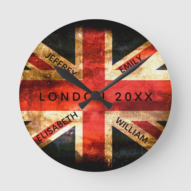 England flag London travel vacation 4 names Round Clock (Front)
