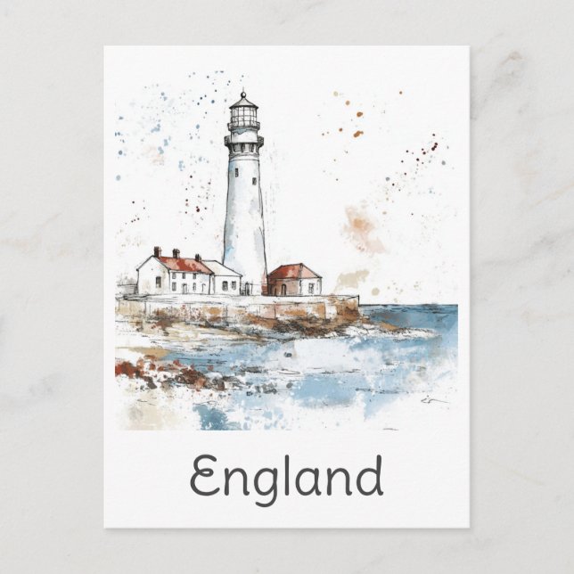 England Lighthouse Coast Watercolor British Travel Postcard (Front)