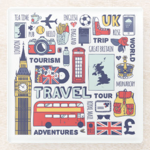 England Travel Doodles Glass Coaster