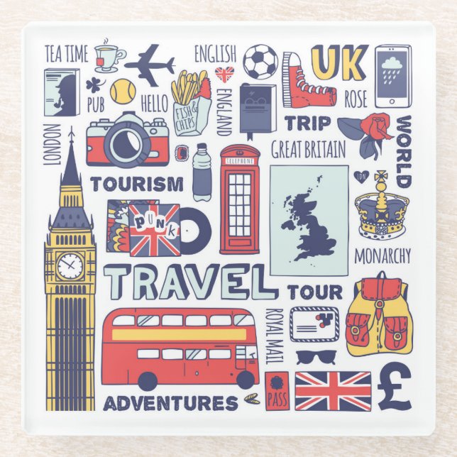 England Travel Doodles Glass Coaster (Front)