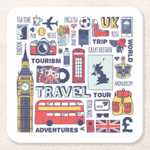 England Travel Doodles Square Paper Coaster